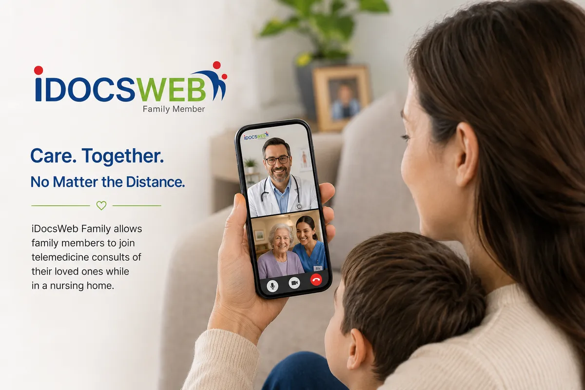 iDocsWeb Family — Care. Together. No Matter the Distance. A daughter and grandson join their loved one's telehealth consult by video.